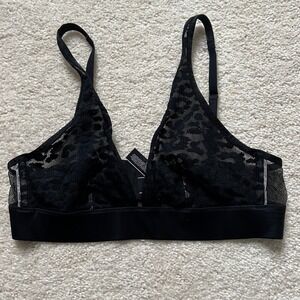 Victoria's Secret Leopard Lace Plunge Bra Black Unlined Sheer Lingerie Size M
